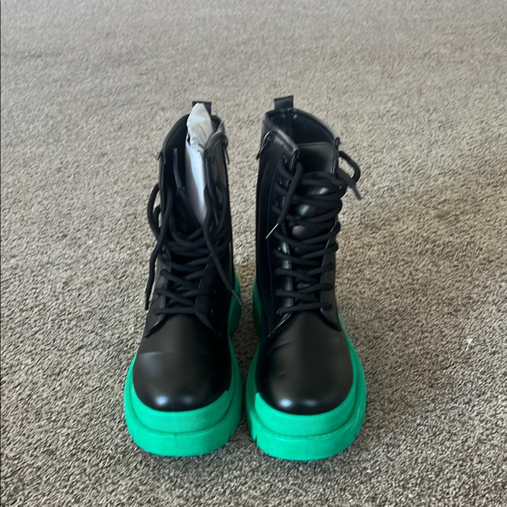 Fashion Nova Black and Green Combat Winter Boots